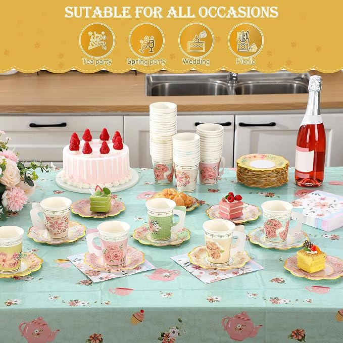 Yungyan 216 Pcs 72 Guest Tea Party Plates and Napkins Sets Floral Tea Party Supplies 6" Paper Plates, 9 oz Cups and Saucers Disposable Tableware Set for Birthday Wedding Bridal Shower Decorations