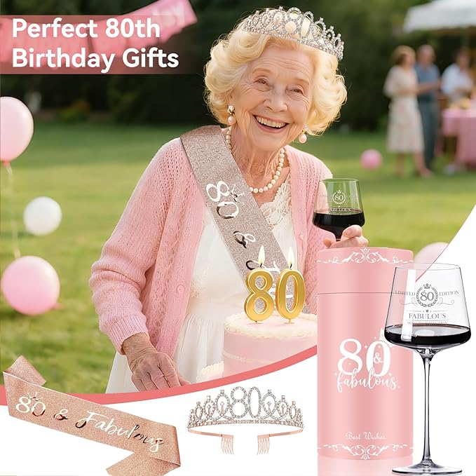 80TH Birthday Gifts for Women,Vintage Engraved 80th Wine Glass,80 Year Old Birthday Decorations For Her,80&Fabulous Sash and Tiara For Women,Friends,Sister-Turning 80th Party Favor Supplies