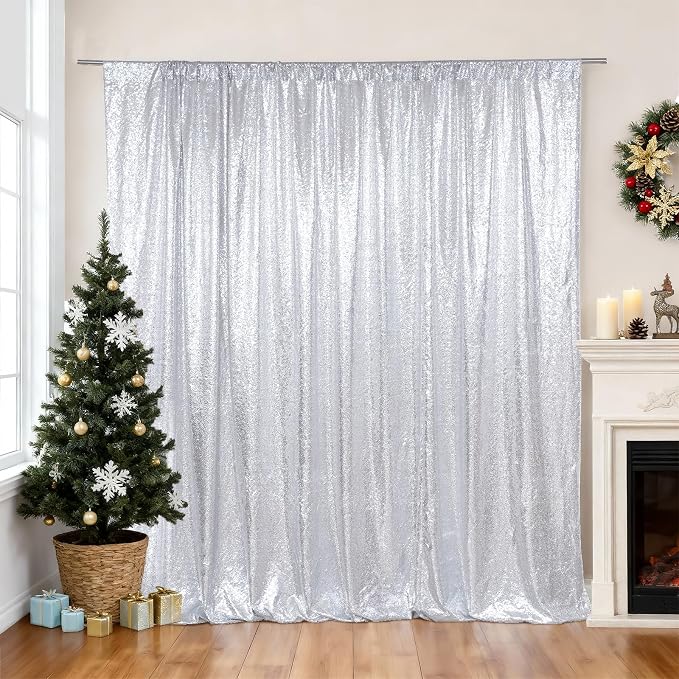 SquarePie 6x8ft Silver Sequin Backdrop for Photography, Satin-Backed Real Sequin Curtain, Enhanced Coverage Shimmering Background with 4" Rod Pocket for Wedding, Birthday, Party Decor, 1 Panel