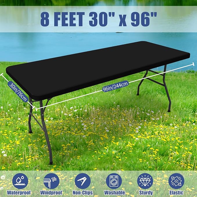Moosfor Spandex 8 Foot Rectangle Table Cloth 6 Pack, Elastic Fitted Tablecloths for Picnic, Stretch Washable Patio Table Cover for Outdoor, Camping, Banquet and Parties (Black, 30"x96")