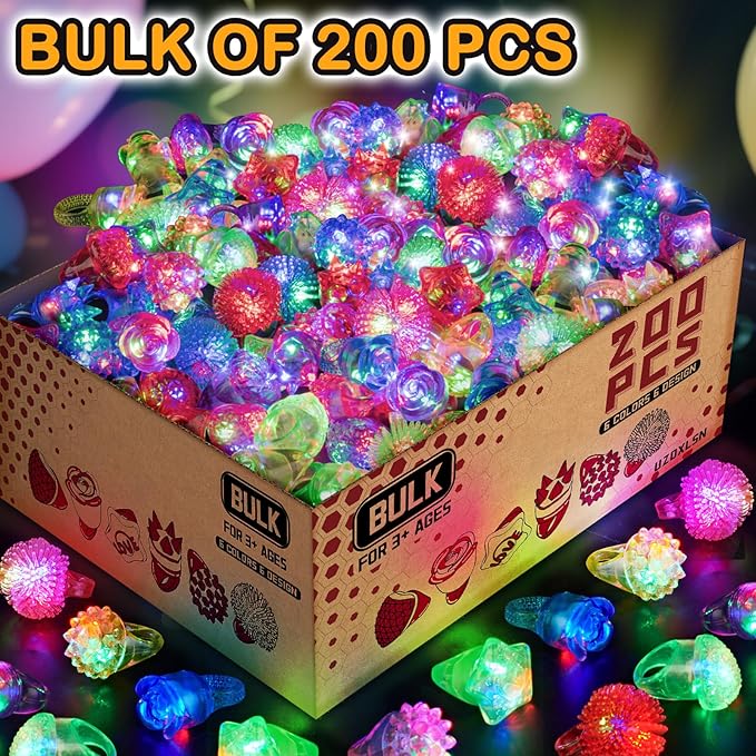 200 PCS Glow Rings Bulk Party Supplies(6 color), Light Up Rings for Kids & Adults, Glow in The Dark Party Favors, Halloween, Rave, LED Jelly Ring for Goodie Bags Stuffers, Glow Jewelry for Boys Girls
