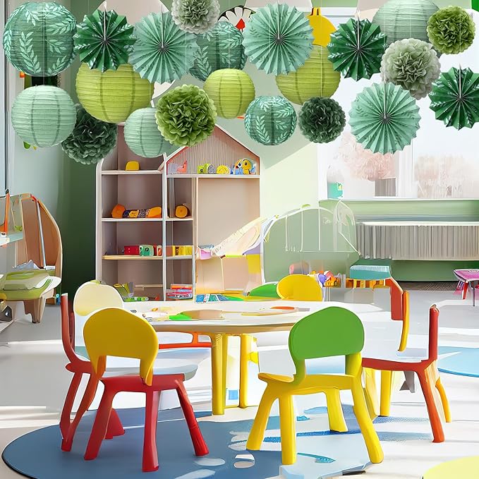Soulchen 18 Pcs Greenery Classroom Decor Sage Green Paper Lanterns Set Classroom Ceiling Hanging Decorations Hanging Greenery Tissue Pom Poms Fans Decor for Neutral School Boho Birthday Party