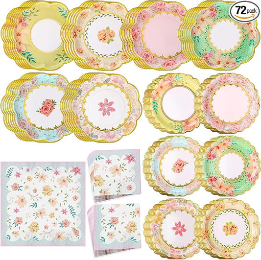 72 Pcs 24 Guests Floral Party Plates and Napkins Sets Vintage Scalloped Floral Paper Plates Napkins Disposable Tableware for Birthday Bridal Baby Shower Wedding Decorations Tea Party Supplies