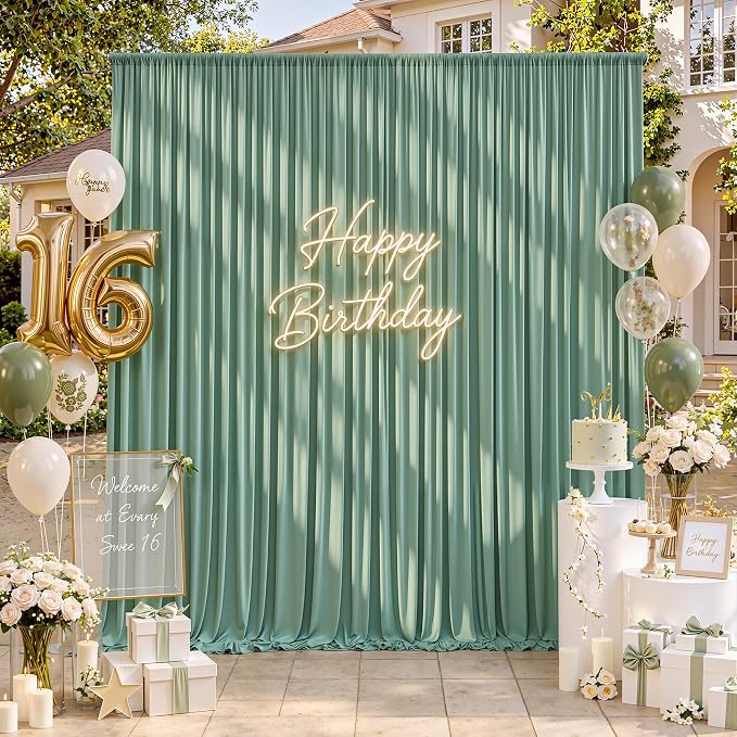 50ftx10ft Wrinkle Free Sage Green Backdrop Curtains for Parties, 10 Panels 5x10ft Silky Polyester Photo Backdrop Drapes Back Drop Cloth Drapery for Wedding Birthday Photography Background