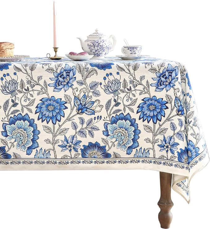ISAENNE Designer French Linen Square Large Tablecloth,67"x67"-Blanch | Chinoiserie Vintage Elegant Table Cloth,Blue Floral Pattern,Beautiful,Dining Room,Kitchen,Tea Party,Thanksgiving,Decor