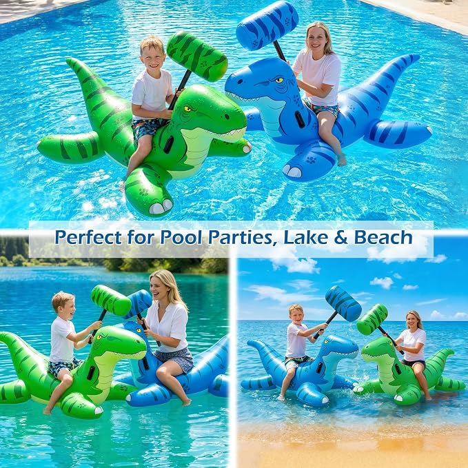 Jasonwell Pool Games Toys Floats -2Pack Inflatable Dinosaur Pool Floats with Blow Up Toy Hammers Ride on Pool Floaties for Kids Teens Adults Lounge Raft Summer Lake Beach Party Decorations