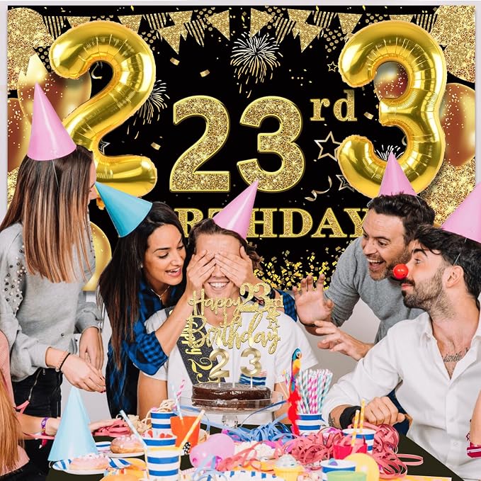 23rd Birthday Decorations Men Women with 23rd Birthday Banner, Black and Gold Table Cloth, Number Balloons, Large Sash, Cake Topper and Candles