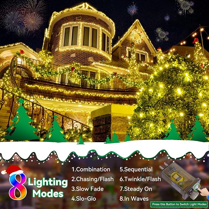 Christmas Lights Outdoor, 522FT 1300 LED String Lights with 8 Lighting Modes, Timer Memory Twinkle Fairy Lights Waterproof Plug in for Xmas Tree Wedding Party Holiday Decor(Warm White)