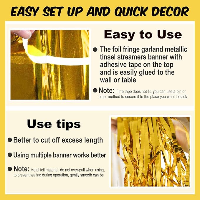 4 Pack 10 Ft Gold Foil Fringe Garland Metallic Streamers Tinsel Banner Wall Hanging Garland Backdrop for Parade Floats, Halloween, Christmas, Thanksgiving, New Year Party Decorations