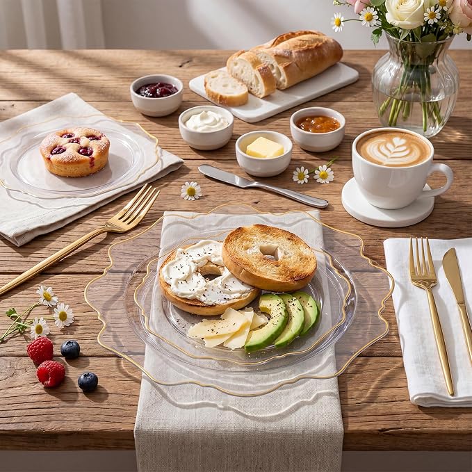 WDF 350Pcs Clear and Gold Plastic Plates - Heavy Duty Clear Plates Disposable - Gold Dinnerware Sets of 100 Plastic Plate 150Silverware 50 Cups 50 Napkins for Wedding Baby Shower Spring