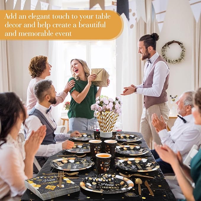 Funnymoom 452 Pcs Happy Retirement Party Decorations Men for 50 Guests, Black Gold Retirement Paper Plates and Napkins Cups Tablecloth Cutlery Straws Disposable Tableware Party Supplies for Men Women