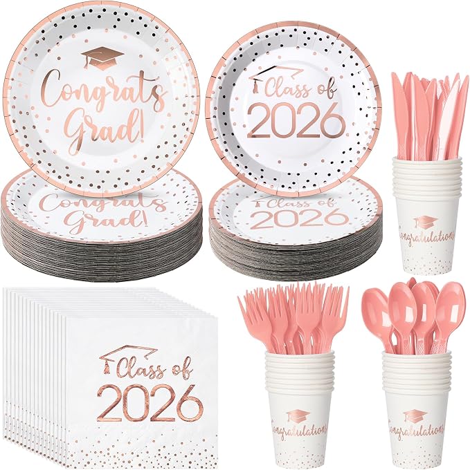 175pcs Class of 2026 Graduation Plates and Napkins Set, Disposable Paper Plate Set Polka Dots Napkin Cups Knife Fork Spoon for Graduation Party Decorations and Supplies,Serve 25(White Rosegold)