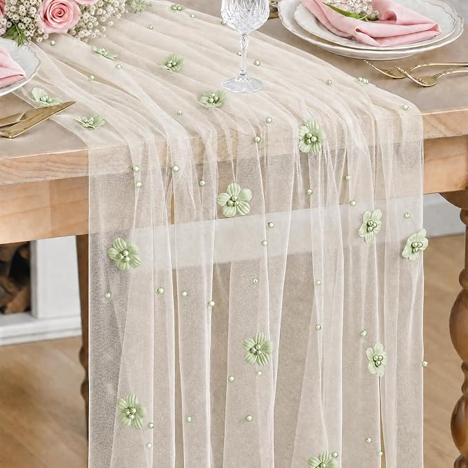 Artoid Mode Sage Green Flower Pearl White Gauze Table Runner 10FT, Seasonal Sheer Dining Holiday Wedding Birthday Baby Shower Table Decor for Home Party