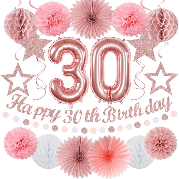 Rose-Gold Pink White Women 30th Happy Birthday Party Decorations Hugmoon | 21pcs Kit 30th Balloon,Cute Girl Banner,Streamers,Tissue Paper Pom Poms Flowers Fans,Birthday Garlands Decor Backdrop