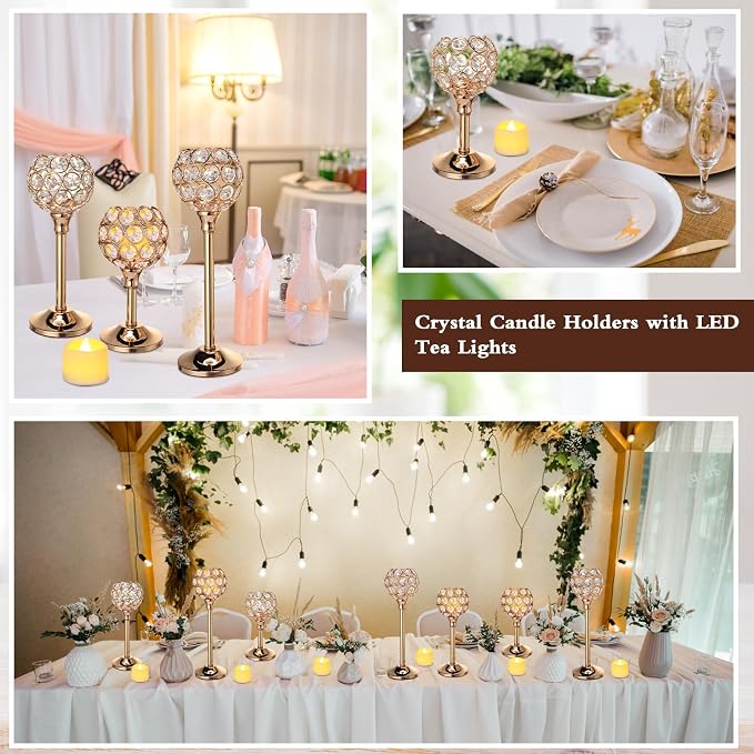 Hushee 42 Pcs Crystal Candle Holders with LED Tea Lights Candles Bulk Decorative 3 Sizes Candlestick Holders for Table Centerpieces, Home Decor, Weddings, and Housewarming Gifts(Gold)