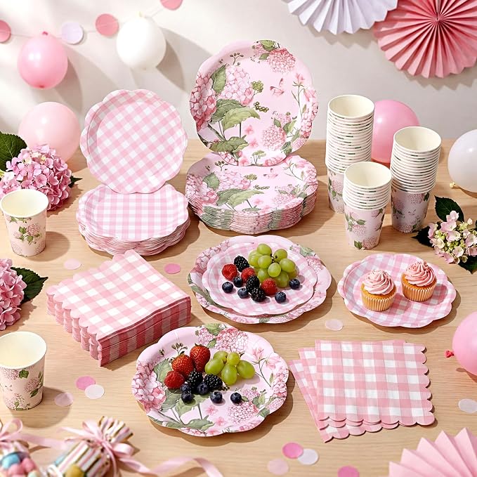 Pickmesh 250 Pcs Pink Hydrangea Party Supplies Pink Floral Gingham Checkered Paper Plates Napkins and Cups Hydrangea Disposable Tableware Set for Summer Wedding Birthday Tea Party Decorations Serve 50