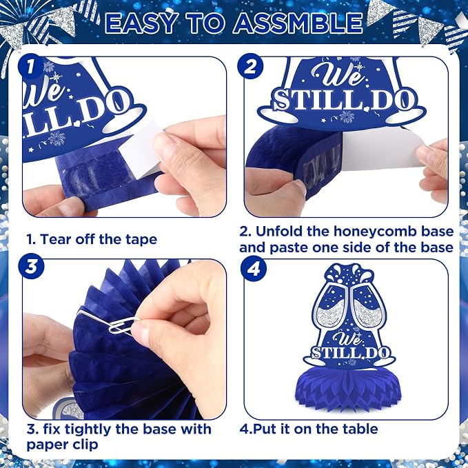 Blue Silver Wedding Anniversary Decorations Set Blue Happy Anniversary Banner Hanging Letter Banner Table Honeycomb Centerpieces Hanging Swirls Cake Topper for Men Women Wedding Anniversary Party