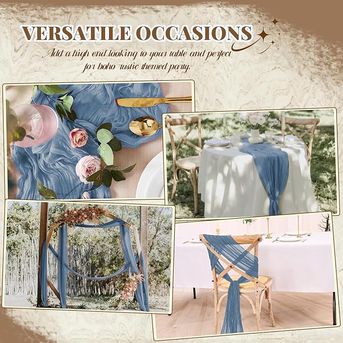 12 Pack Dusty Blue Table Runner, Cheesecloth Table Runner Long Romantic Semi Sheer Rustic Boho Gauze Table Runners for Wedding Bridal Shower Birthday Party Decorations(17.7×108 Inch)