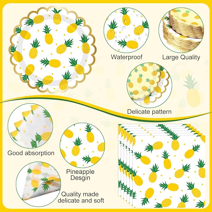 Funnymoom 400 Pcs Pineapple Party Supplies for 50 Guest Summer Fruit Disposable Plates Napkin Cup Spoon Fork Knives for Outdoor Picnic Birthday Baby Bridal Shower Holiday Party Supplies