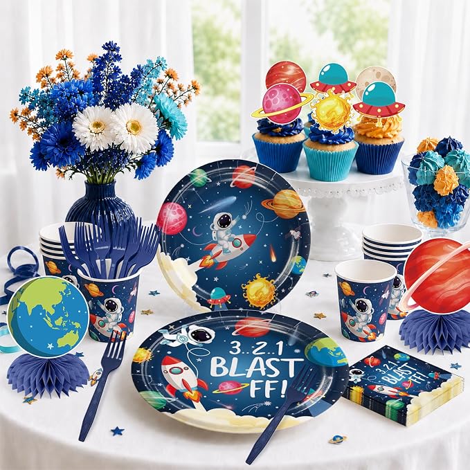213pcs Space Themed Party Decorations, Serves 25 People, Complete Paper Set Includes No-DIY Banner 350gsm Plates Latex Balloons and Waterproof Tablecloths