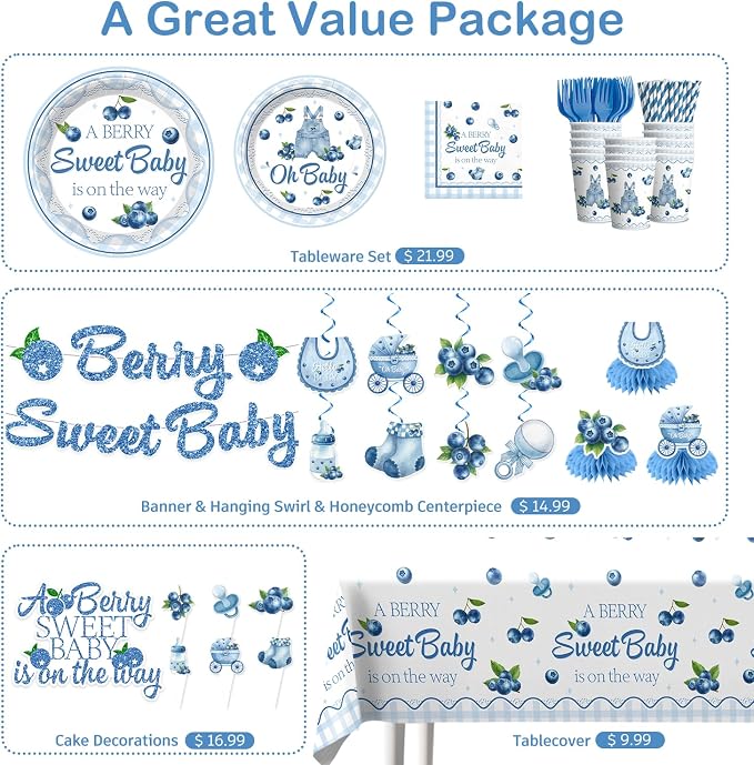 Blueberry Baby Shower Decorations, 212 Pcs Blue Berry Sweet Banner, Balloons, Plates and Napkins Set, Tablecloth Berry Sweet Blueberry Themed Baby Shower Party Decorations Supplies