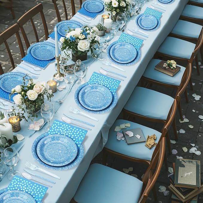 Hushee 175 Pcs 25 Guests Light Blue Paper Party Plates and Cups Napkins Sets Holographic Glitter Disposable Dinnerware Plastic Forks Knives Spoons Birthday Bachelorette Wedding Party Supplies