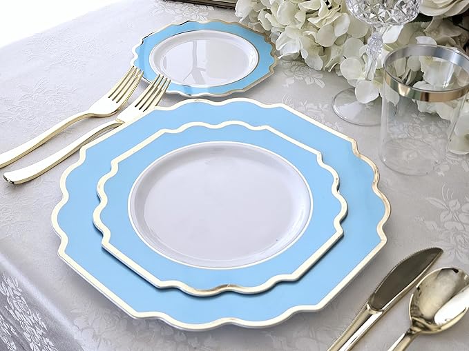 " OCCASIONS " 50 Plates Pack (25 Guests)-Heavyweight Wedding Party Disposable Plastic Plate Set -(25x10.5'' Dinner + 25x8'' Salad/dessert (Imperial Aqua/Gold)