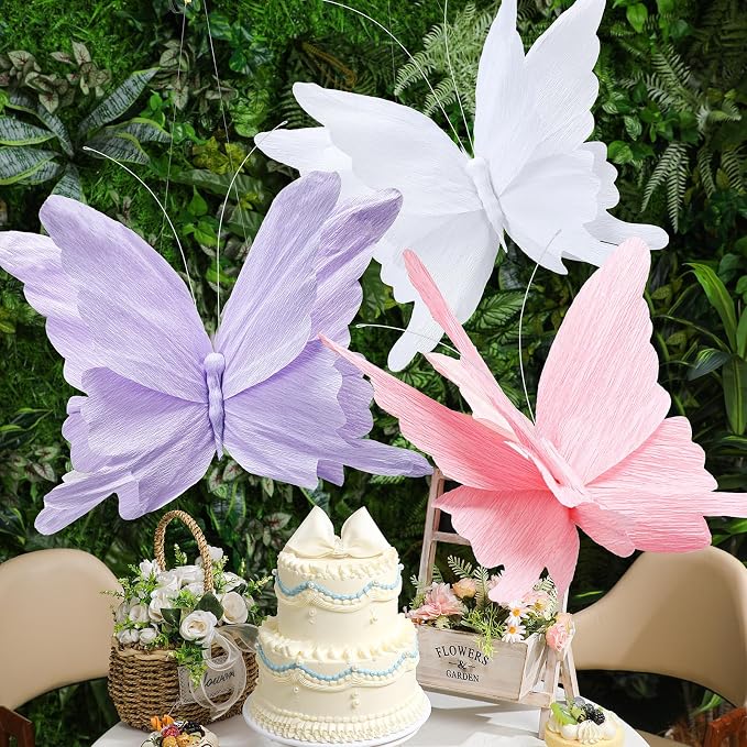3 Pcs 3D Large Hanging Butterfly Decorations Large Butterfly Birthday Party Decorations 3D Crepe Paper Decoration for Wedding Party Birthday Baby Shower Garden(Purple, Pink, White,20 Inch)