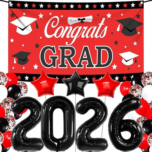 KatchOn, Red and Black Graduation Decorations 2026 Set - Pack of 40 | Black 2026 Balloons, Congrats Grad Banner | Graduation Decorations Class of 2026 Red and Black | 2026 Graduation Party Decorations