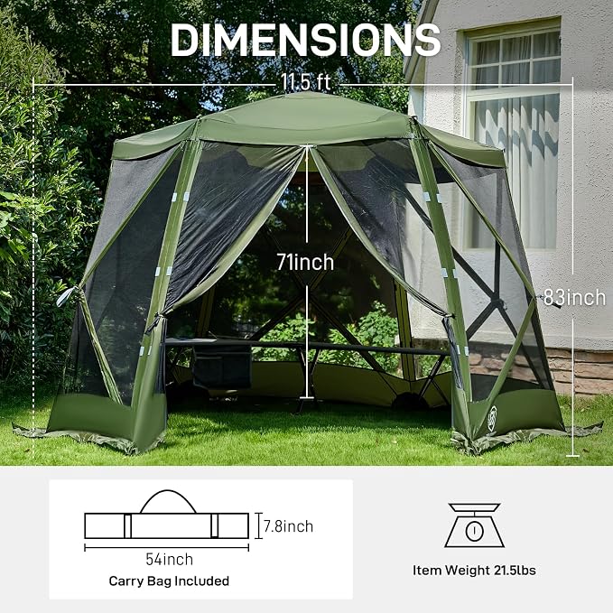 EVER ADVANCED Pop up Screen House Tent for Camping 11.5 x 9.8 ft, Instant Screened Gazebo Canopy with Netting, Portable Shelter Enclosure for Outdoor, Backyard