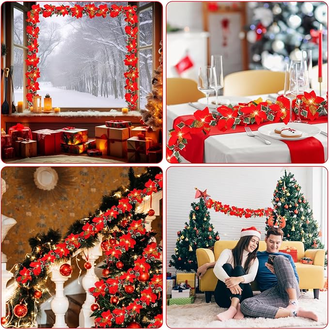 Zubebe 2 Pcs Prelit Poinsettia Christmas Garland with String Lights Glitter Holly Leaves Berries Remote Timer 8 Modes 6.5 ft Lighted Flower Garland Battery Operated Indoor Outdoor Decor(Red)