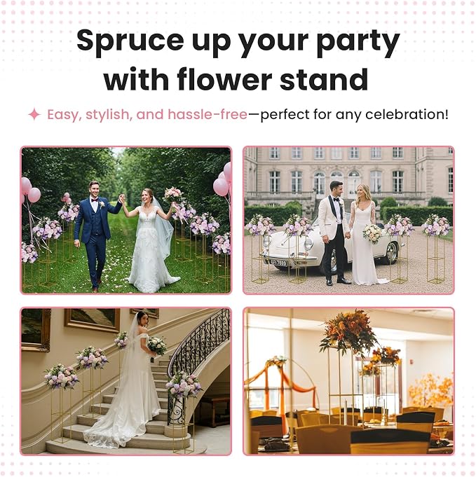YALLOVE 10 Pcs 31.5 Inch Metal Flower Stand, Gold Centerpieces Vases Stand With Clear Acrylic Sheets, Geometric Display Rack for Wedding Party Decorations