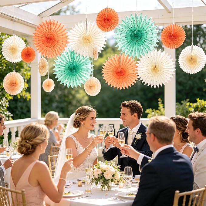 SUNBEAUTY Pack of 11 Hanging Honeycomb Paper Fans Party Decoration Paper Decoration for Birthday Wedding Graduation Events Accessories Mint Peach Cream