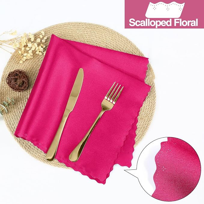 Homiest Hot Pink Satin Napkins - 100 Pack, 17x17 Inches, Scalloped Square Napkins for Weddings, Restaurants, Parties