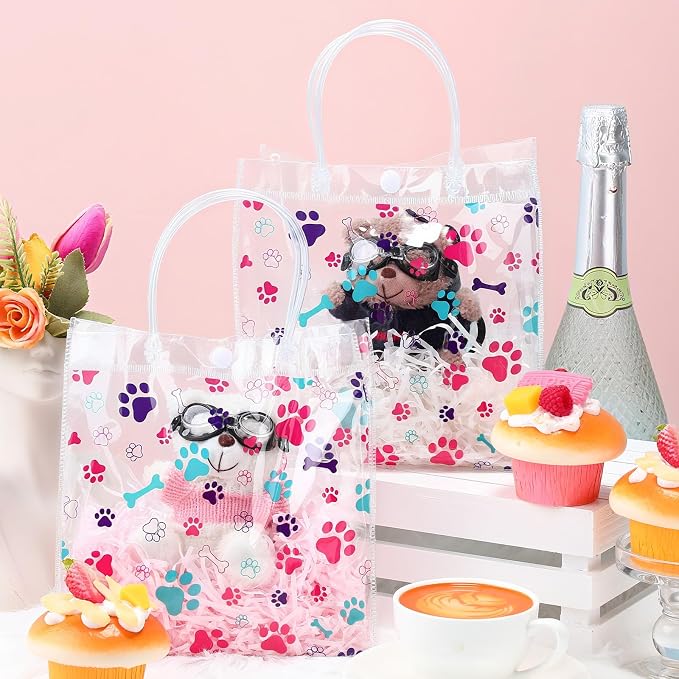 Supervitae 36 Pcs Colorful Dog Paw Bone Print Clear Favor Bags with Handle Reusable Plastic PVC Puppy Gift Bag Goodies Treats Totes for Pet Birthday Christmas Party Supplies, 8 x 8 x 3.15 Inch