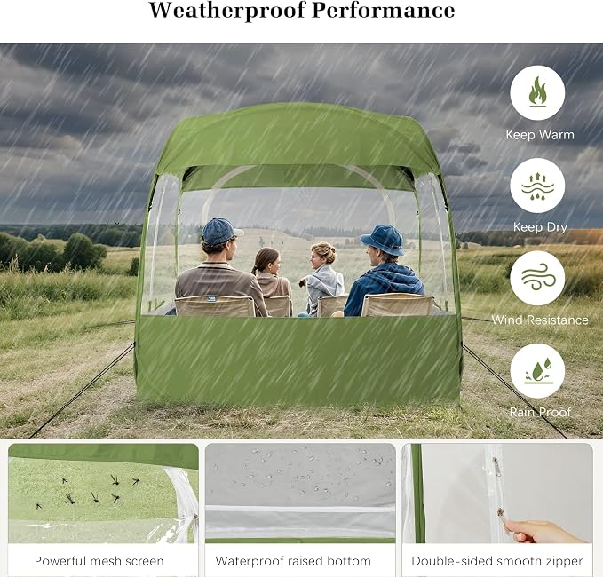 Raynesys Sports Tent, Portable & Foldable Pop Up Tents Shelter for 1-4 Person, Instant Weather Proof Clear View Bubble Tent with Carry Bag for Watching Sports Events, Camping, Fishing, Green