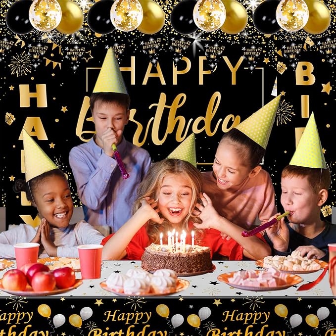 Black and Gold Birthday Decorations for Men Women | Black and Gold Party Decorations with Backdrop, Tablecloth, Confetti Balloons, Banner, Balloon Arch Kit for Birthday Party
