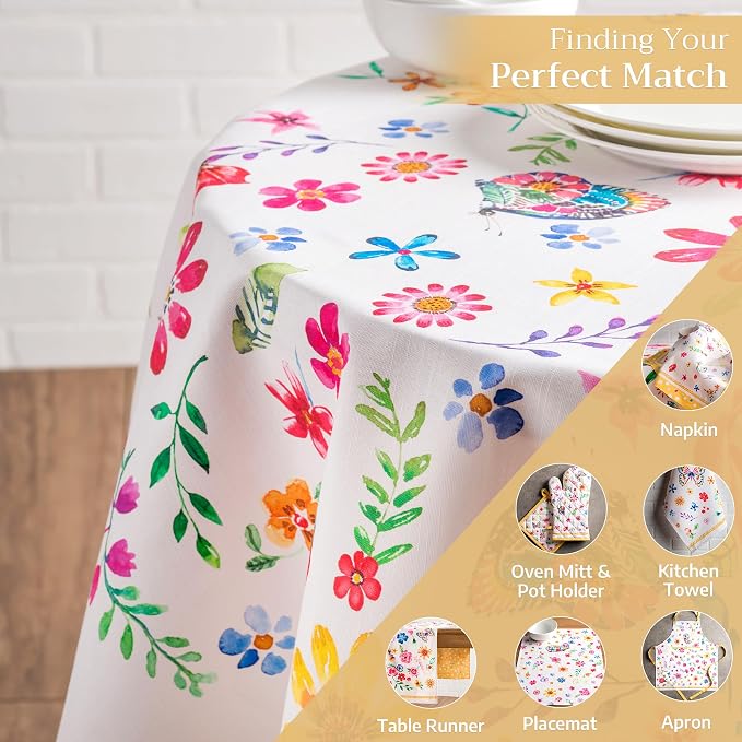 Maison d' Hermine Table Cloth Round Table 100% Cotton 63 Round Inches Tablecloth Reusable Decorative for Dining Kitchen Room Farmhouse Party Home Hotel Restaurant Spring Summer- Happy Florals - Sweety