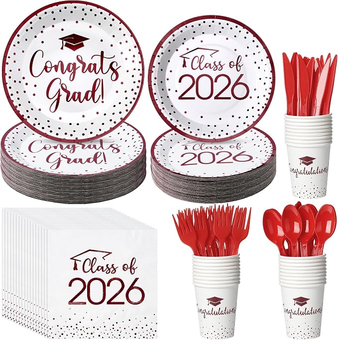 350pcs Class of 2026 Graduation Plates and Napkins Set, Disposable Paper Plate Set Polka Dots Napkins Cups Knife Fork Spoon for Graduation Party Decorations and Supplies,Serve 50 (White Maroon)