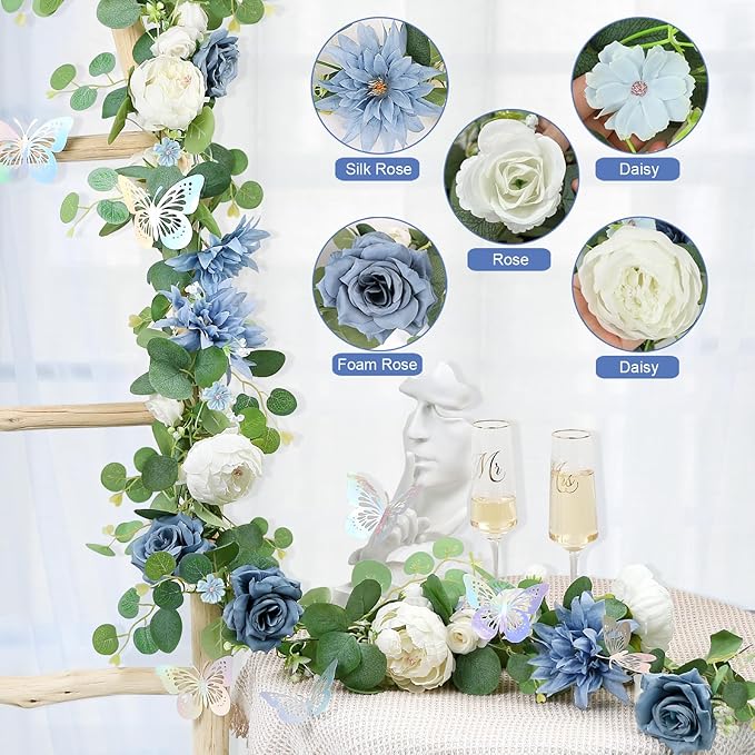Eucalyptus Garland with Flowers - 1 Pack 5.9 FT Artificial Flower Garland with Butterflies Faux Rose Greenery Garlands for Backdrop Wedding Arch Centerpieces Decorations - Dusty Blue & White