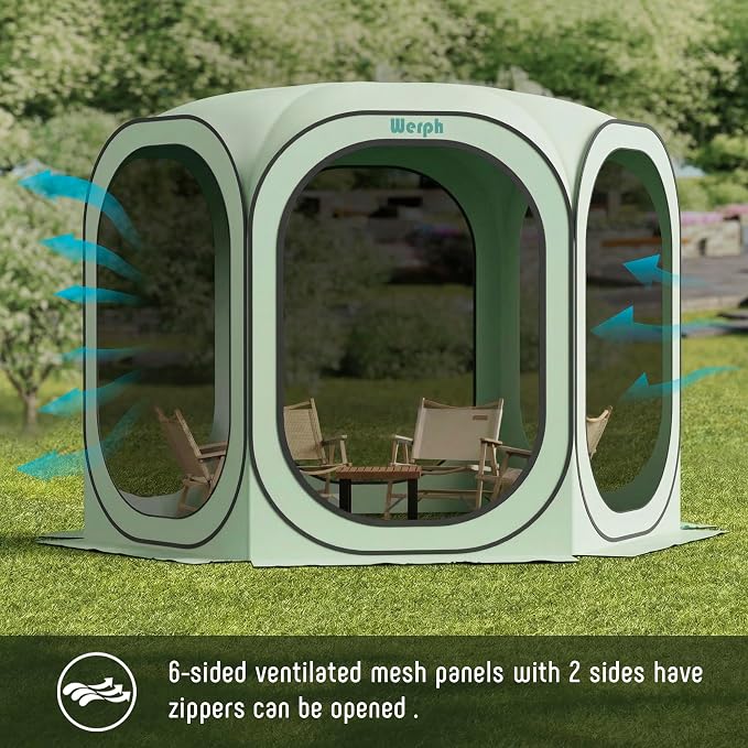 Werph 10x10 Pop Up Screen Tent, Mosquito Net Gazebo, UV Resistant, Green | Roof Waterproof Screen Canopy, Quick Setup Outdoor Shelter for Backyard, Patio, Garden, Picnic, Camping and Events