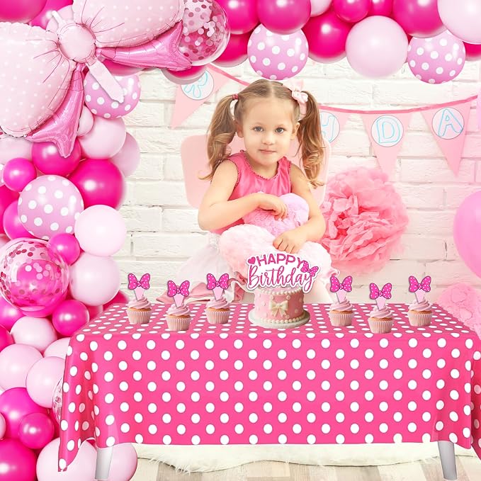 Pink Polka Dot Birthday Decorations for Girls, Cartoon Mouse Theme Party Supplies Include Balloon Arch Garland, Bow Backdrop, Tablecloth, Cake Toppers, Large Foil Bow Balloon for 1st 2nd 3rd