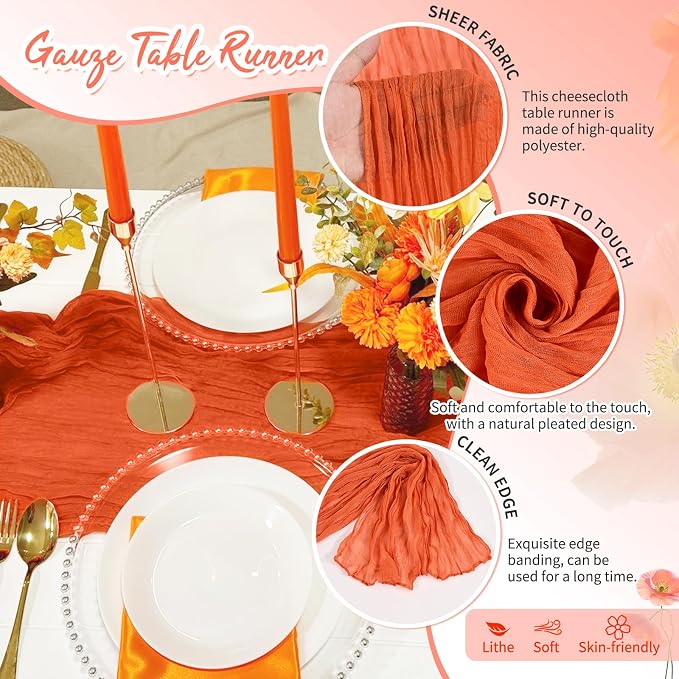 30 Pack Orange Cheesecloth Table Runner 17 x 108 inch Boho Gauze Table Runner Rustic Sheer Cheese Cloth Table Decorations for Wedding Party Baby Bridal Shower Birthday Holiday Home