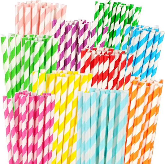 200 Pack Paper Straws Disposable Colorful Striped Straw for Drinking in 10 Colors Biodegradable Paper Straws for Birthday, Wedding, Bridal Shower, Baby Shower, Summer Pool Party Supplies