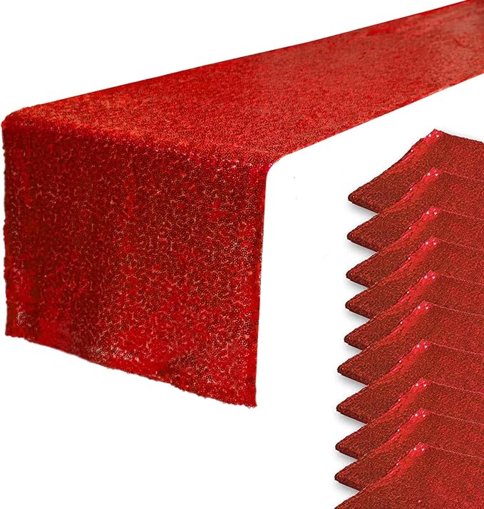 JYFLZQ Red Sequin Table Runner 12"x108" Pack of 10 Glitter Table Linens Runner Sparkly Sequence Runners for Table Wedding Birthday Party Decorations