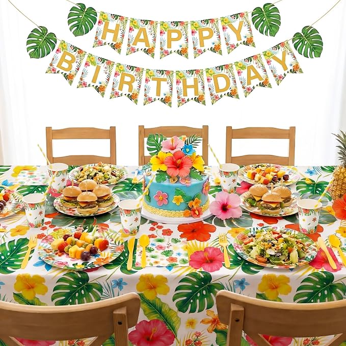 Vesici 452 Pcs Tropical Luau Party Supplies Set for 50 Guests Include 9'' 7'' Paper Plates 9 oz Cups Napkins Tablecloths Forks Spoons Straws for Aloha Hawaiian Hibiscus Flower Birthday Decorations