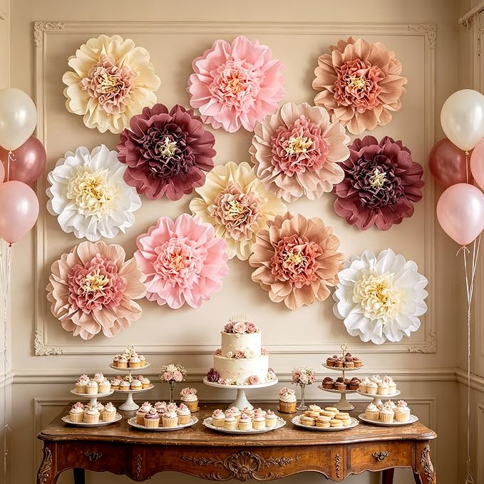 12Pcs Boho Large Paper Flowers 12'' Giant Paper Flower Decorations for Wall