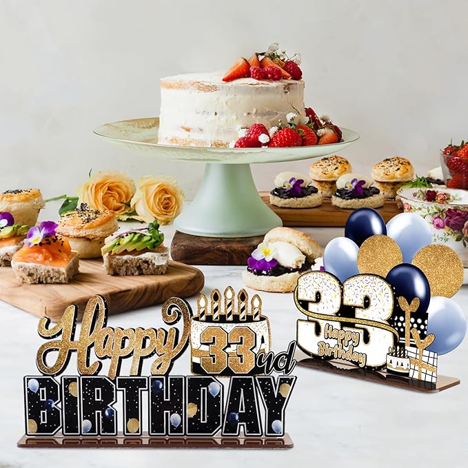 LINGTEER Happy 33rd Birthday Gold Acrylic Table Topper Centerpieces Set - Cheers to 33 Years Old Birthday 33rd Bday Party Gift Decorations.