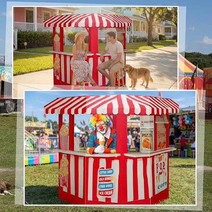 Threehoney 7.6ft 3D Carnival Vendor Booth Cardboard Cutout Stand up Life Size Circus Theme Party Decorations Backdrop Photo Prop Popcorn Bar Stand up for Carnival Party Decoration Supply