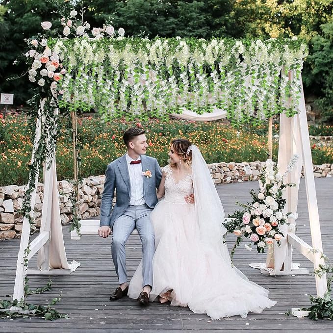 Findosom Wisteria Artificial Flowers Garland, 2Pcs Total 14.4FT White Wisteria Hanging Flowers, Flower Garland Decorations for Home Garden Outdoor Ceremony Wedding Arch Decoration